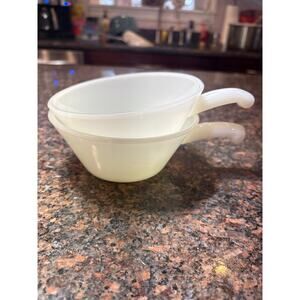 2 Vintage Anchor Hocking Fire King White Milk Glass Soup Bowl 5" w/Handle